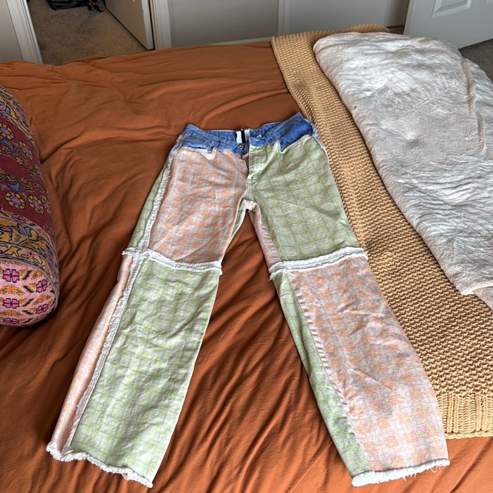 Straight Leg Jeans in Blue and Green with Playful Color-Block Design